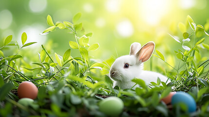 Cute white rabbit sitting in green grass with colorful eggs, Easter greeting card background