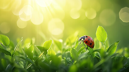 Ladybug crawling on green grass, morning plant background close-up - obrazy, fototapety, plakaty