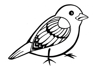 Outline drawing of a bird. Isolated on white background. Black outline. Realistic drawing. Printmaking style. Turned to the right side. Stylization.