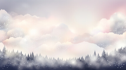 Abstract forest landscape in pastel clouds, background postcard in watercolor style