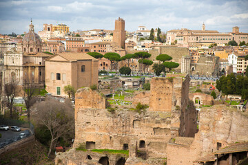 Fototapeta premium View of the Roman Forum, also known by its Latin name Forum Romanum. It is an archaeological park with the ruins of several important ancient buildings in the historic center of Rome, Italy.