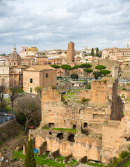 View of the Roman Forum, also known by its Latin name Forum Romanum. It is an archaeological park with the ruins of several important ancient buildings in the historic center of Rome, Italy.