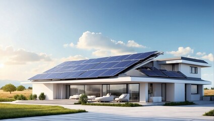 Futuristic generic smart home with solar panels on rooftop hd realistic - obrazy, fototapety, plakaty