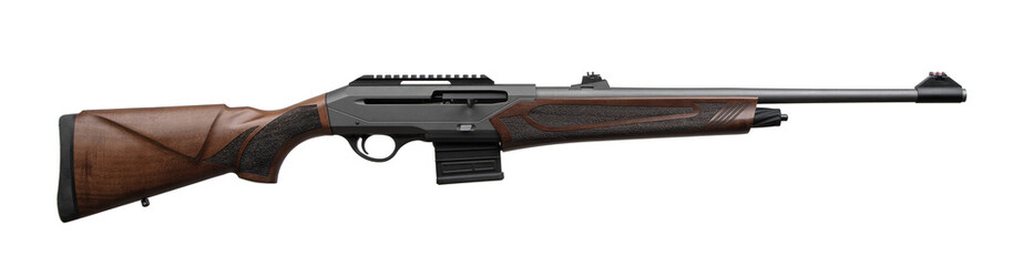Semi-automatic rifled carbine. Hunting rifle with a wooden butt. Isolate on a white back