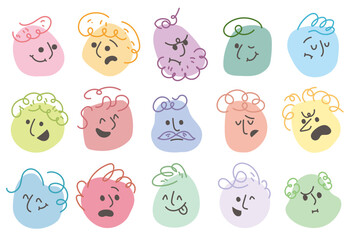Abstract flat face with variety cute and funny facial expression set. Cartoon doodle style round character emotion. Comic colorful happy, calm, worry, angry, anxiety, smile face with line draw hair