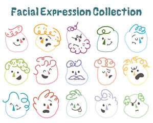 Hand drawn flat face with variety cute and funny facial expression set. Cartoon doodle style round character emotion. Comic colorful happy, calm, worry, angry, anxiety, smile face with line draw hair