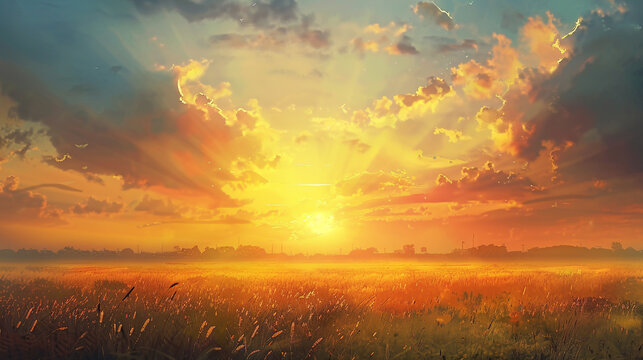 A vibrant sunrise over a vast expanse of farmland, symbolizing the dawn of blessings on Eid ul Azha.