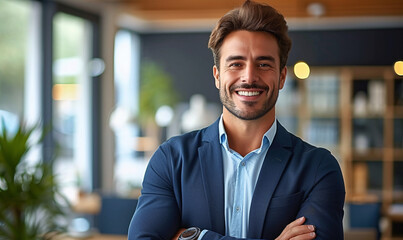 Elegant, stylish corporate leader successful ceo executive manager. Smiling young businessman looking at camera standing in office.  - obrazy, fototapety, plakaty