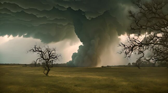 Abstract animation of a large tornado in a forest, a field covered with golden greenery and sparse, leafless trees, a cloudy sky. Destructive nature concept. Generative artificial intelligence