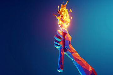 a hand holding the Olympic flame on a blue background, a torch in hand, an abstract decorative illustration in a polygonal style, a symbol of international sports games and competitions - obrazy, fototapety, plakaty