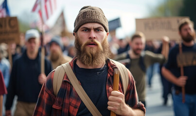 Caucasian male activist protesting outdoors with group of demonstrators in the background. 