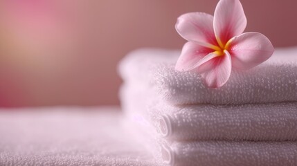 Obraz na płótnie Canvas Frangipani flower on stack of white towels, a close-up of a delicate, pink plumeria flower with soft petals, on a white, textured surface, copy space.