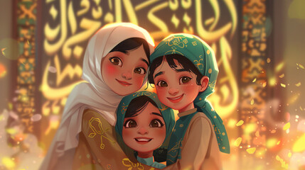 Obraz na płótnie Canvas Delightful digital artwork portraying animated Muslim kids in traditional attire, gleefully embracing each other with a backdrop of stunning Arabic calligraphy symbolizing the spirit of Eid-Ul-Adha.