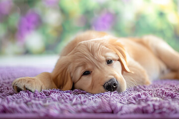 Adorable Golden Retriever Puppy Lounging on Purple Rug Banner