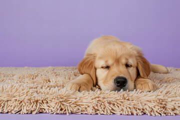 Adorable Golden Retriever Puppy Napping Peacefully on Shaggy Rug Banner
