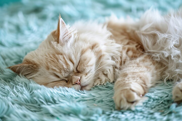 Serene Fluffy Cat Asleep on Soft Aqua Blanket - Dreamy Pet Banner