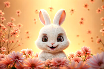 Naklejka na ściany i meble White fluffy cute rabbit in pink flowers. Easter bunny.