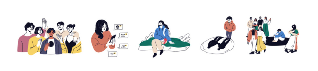 Lonely single people, sad outcasts set. Loneliness, communication problem concept. Characters feeling alone, abandoned, lost. Psychology flat graphic vector illustrations isolated on white background