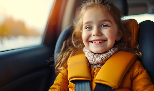 Smiling cute young girl in a child car seat wearing a seatbelt while traveling by car. 