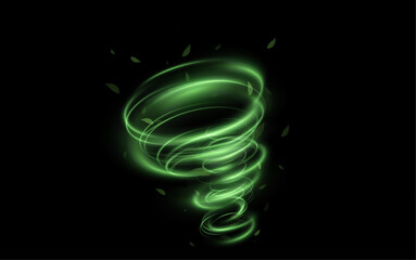 Fresh wind swirls with green leaves and glitter and neon green lines . Cool air twirl and swirl effect with flying mint leaves. Light effect for advertising of refreshing drinks, cocktails 