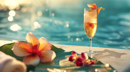 a captivating close-up still life on a poolside table. Feature a chilled champagne