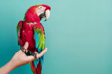 Vibrant Scarlet Macaw Perched on Human Hand Against Turquoise Backdrop Banner