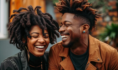 Black couple in their 30's laughing and talking together outdoors. .  - obrazy, fototapety, plakaty