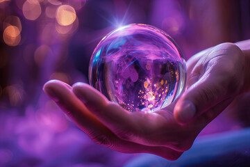 Mystical Orb of Light and Sparkles Held Gently in Palm Banner - obrazy, fototapety, plakaty