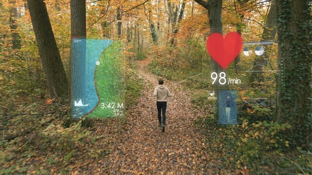 A sport man running in autumn forest with graphics of health and heart rate. 3D render