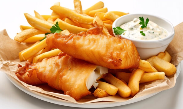 Battered deep fried fish and chips and tartar sauce on white background 