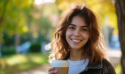 portrait of a latin or hispanic woman with a cup of coffee, beautiful smiling young latina student in university  - obrazy, fototapety, plakaty