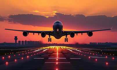 plane takingoff over the sunset, large jetliner taking off from an airport - obrazy, fototapety, plakaty