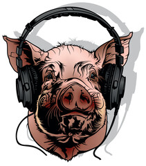 Colored Drawing of a Pig with Headphones on his Head