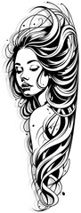Drawing of Woman with Flowing Hair - Black and White Tattoo or Illustration Isolated on White Background, Vector