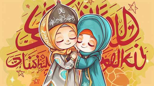 Two adorable cartoon characters wearing traditional Muslim attire, embracing each other with joy, surrounded by vibrant Arabic Islamic calligraphy spelling out "Eid-Ul-Adha".