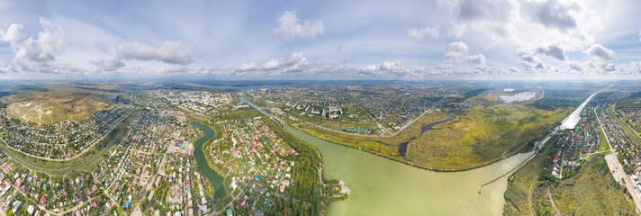 Volgograd, Russia. Krasnoarmeisky district. Volga-Don Canal. Panorama 360. Aerial view