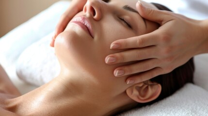 Closeup of the massage therapist's hands. Facial massage in a spa salon