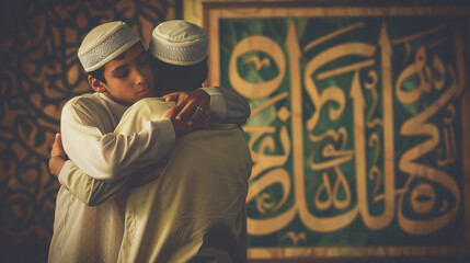 Two Muslim brothers share an embrace against a backdrop of Eid-Ul-Adha calligraphy, their connection symbolizing the shared spirit of sacrifice and celebration. - obrazy, fototapety, plakaty