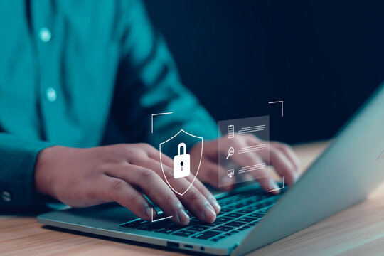 cyber security concept User privacy security and internet data protection concept Businessman protects personal information on virtual computer screen	
