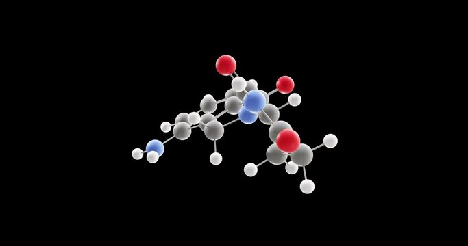 Lenalidomide molecule, rotating 3D model of immunomodulatory agents, looped video on a black background