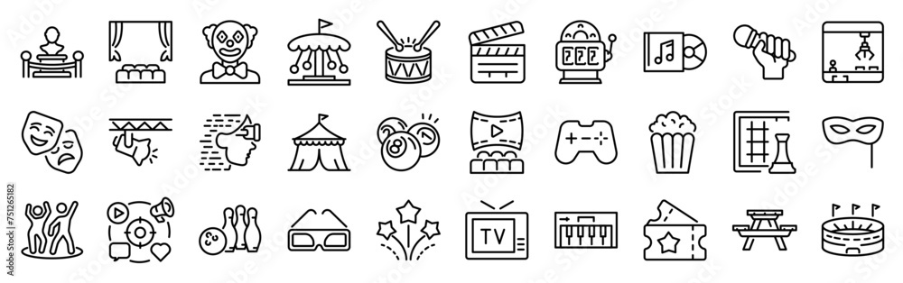 Wall mural entertainment web icons in line style. lifestyle. theatre, cinema, surfing, music, party, vr, tv. ve