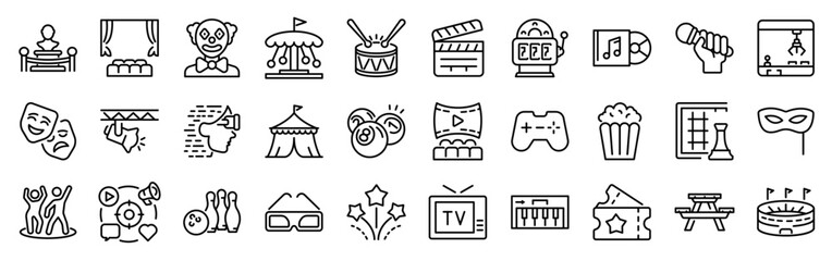 Entertainment web icons in line style. Lifestyle. Theatre, cinema, surfing, music, party, VR, TV. Vector illustration.