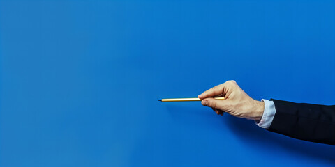 Creative Concept of Hand Holding Pencil Against Vibrant Blue Background Banner