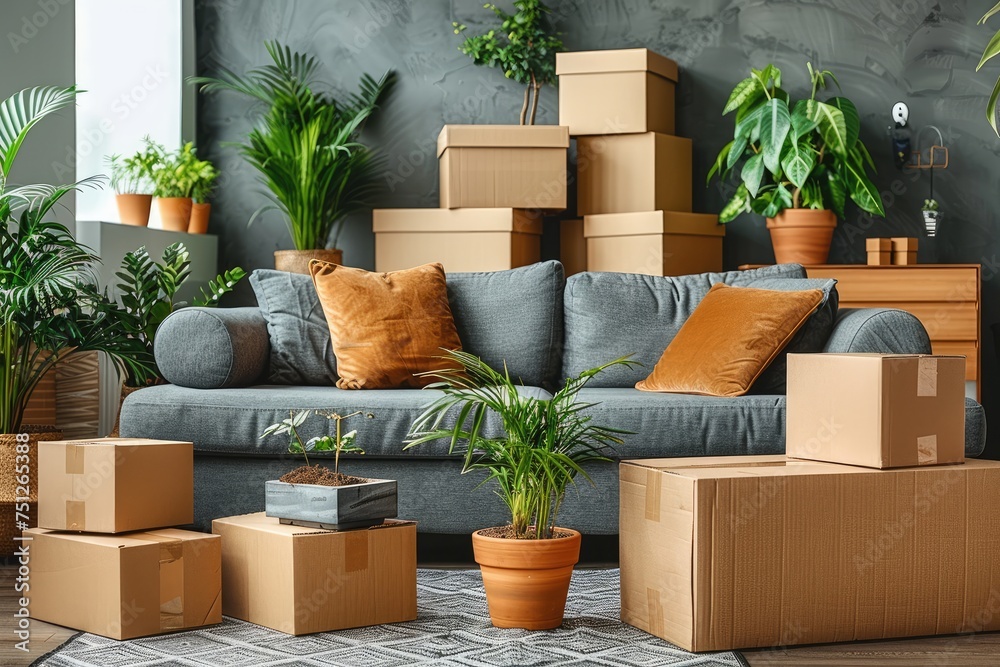 Wall mural a bunch of moving boxes in a house of all different types and sizes professional photography