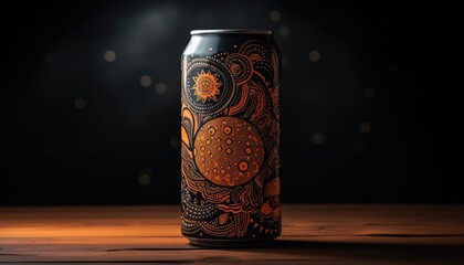 A can of craft beer with a unique design is placed on top of a wooden table. The can appears to be unopened, showcasing its label and condensation on the exterior