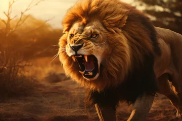 Raamstickers A fierce lion roaring in the savanna. Portrait of a beautiful lion, Ai generated © Tanu