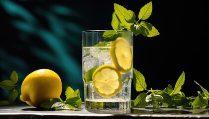 A cold glass of water garnished with slices of lemon and fresh mint leaves, perfect for quenching thirst on a hot day