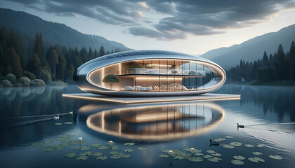 Futuristic Eco-Friendly Architecture Concept on Serene Lake - obrazy, fototapety, plakaty