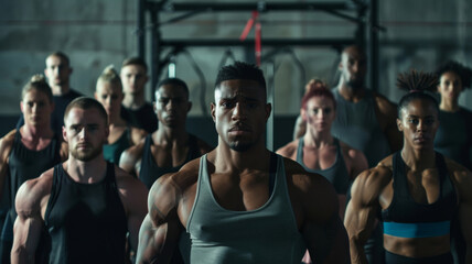 Fototapeta na wymiar Fierce group of athletes stands ready for a workout in a gritty gym.