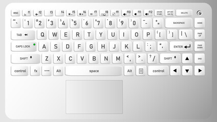 Realistic image of a computer or laptop keyboard. Background image in white metallic.